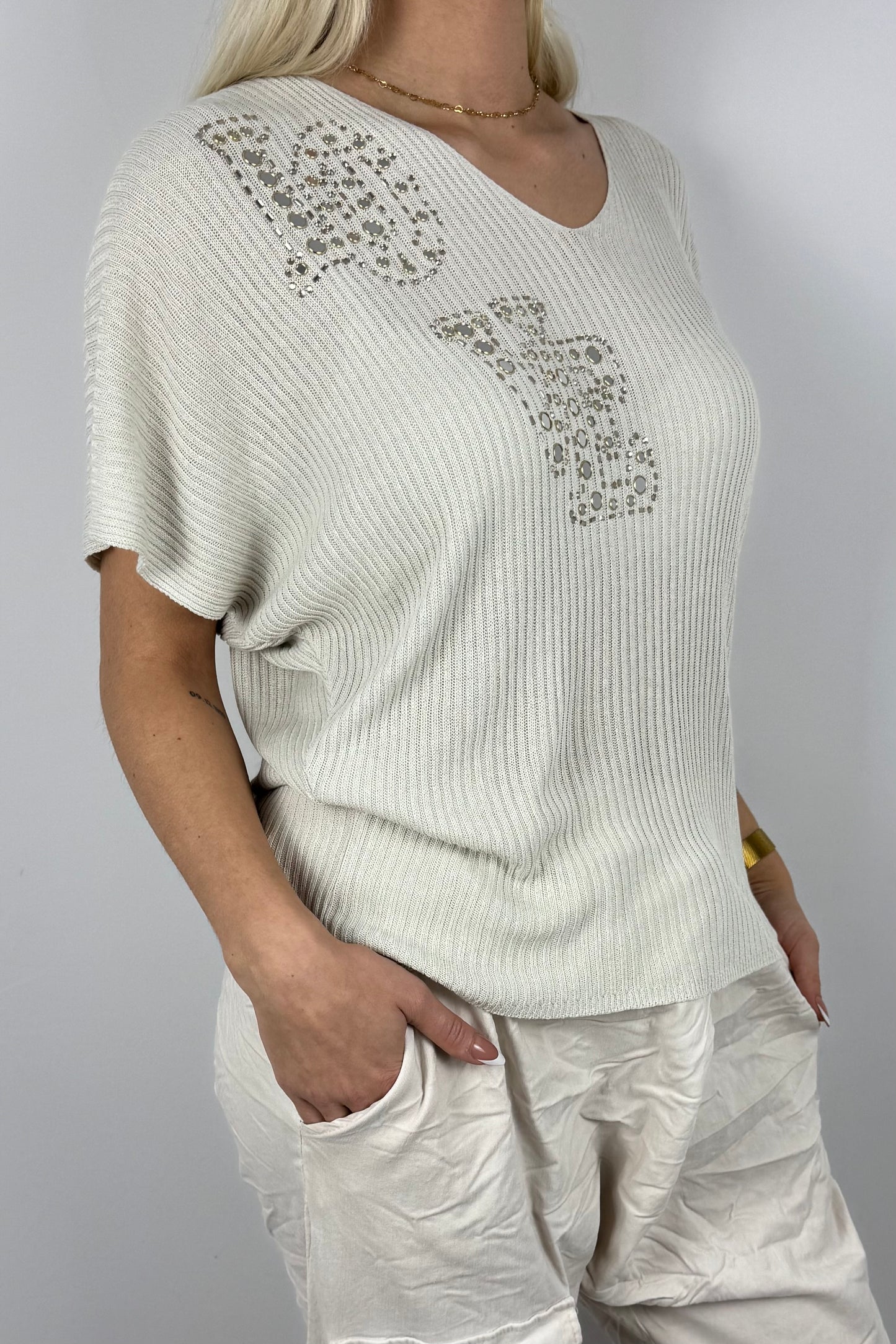 Strickshirt LOVE mit Glitzersteinen Damen-Beige
