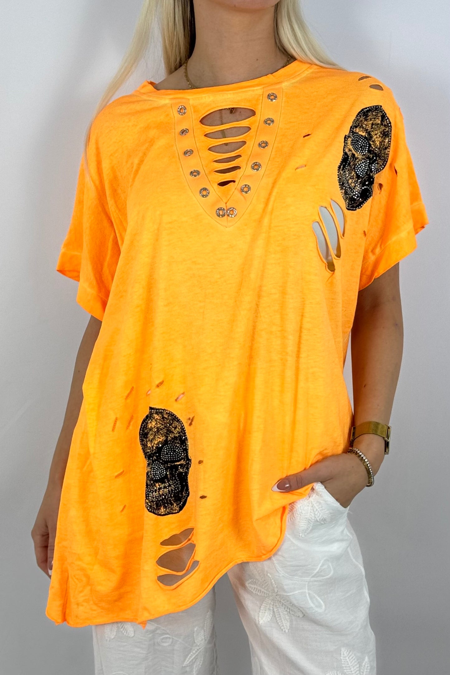 Skull-Shirt mit Strassdetails – trendig & lässig-Neon Orange