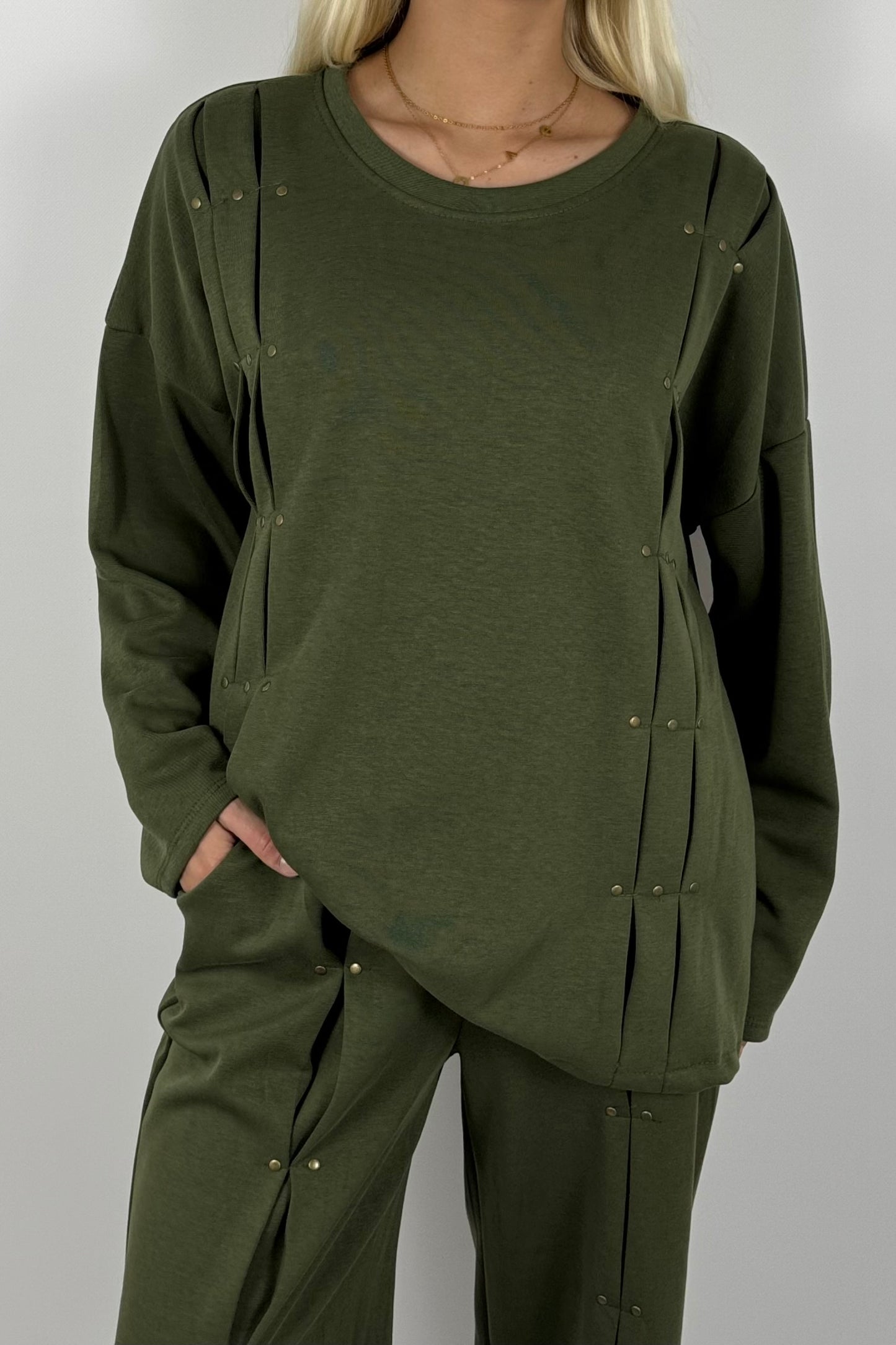 Damen Oversize Sweatshirt mit Nieten & Faltendetails – Khaki