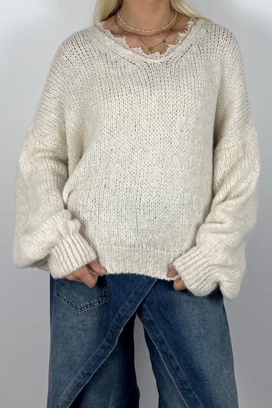Damen Oversize Strickpullover mit V-Ausschnitt –Butter