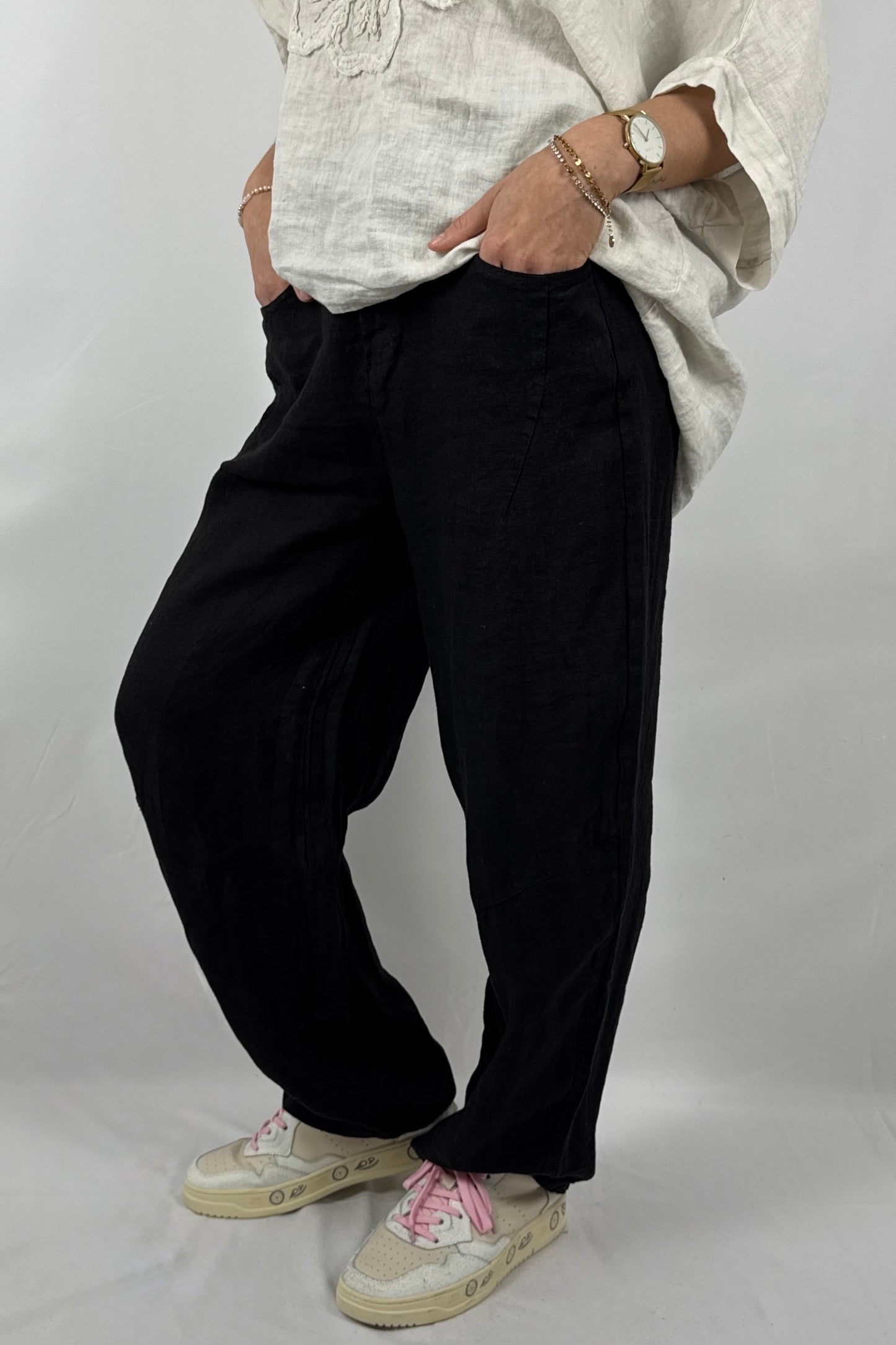 Lässige Leinenhose mit Knopfverschluss – Moderner Sommer Style-Schwarz