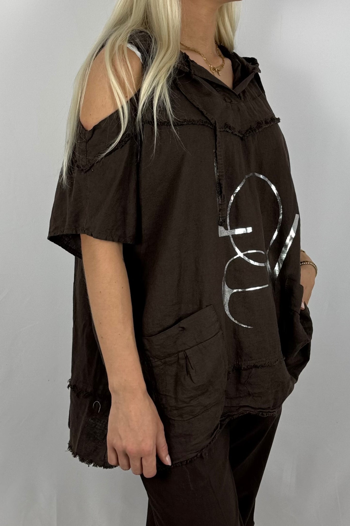 Leinen-Top mit Kapuze & LOVE-Print-Schoko
