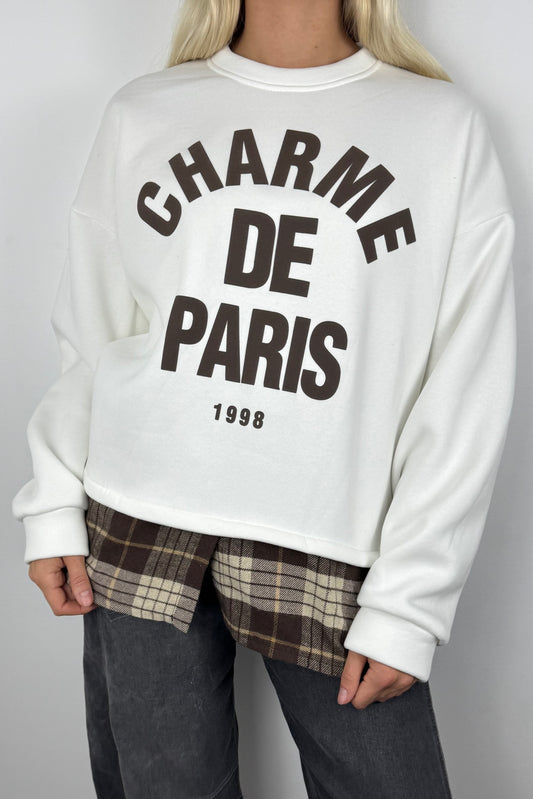 Sweatshirt mit „Charme de Paris“ Print und Karodetail-Weiß