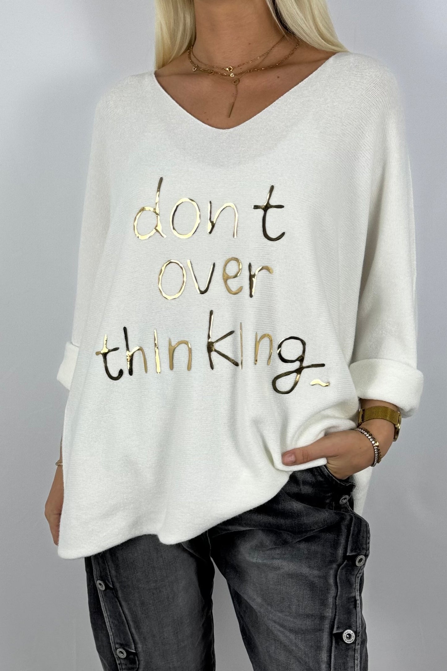 Damen Feinstrick-Pullover „Don’t Over Thinking“ – Beige