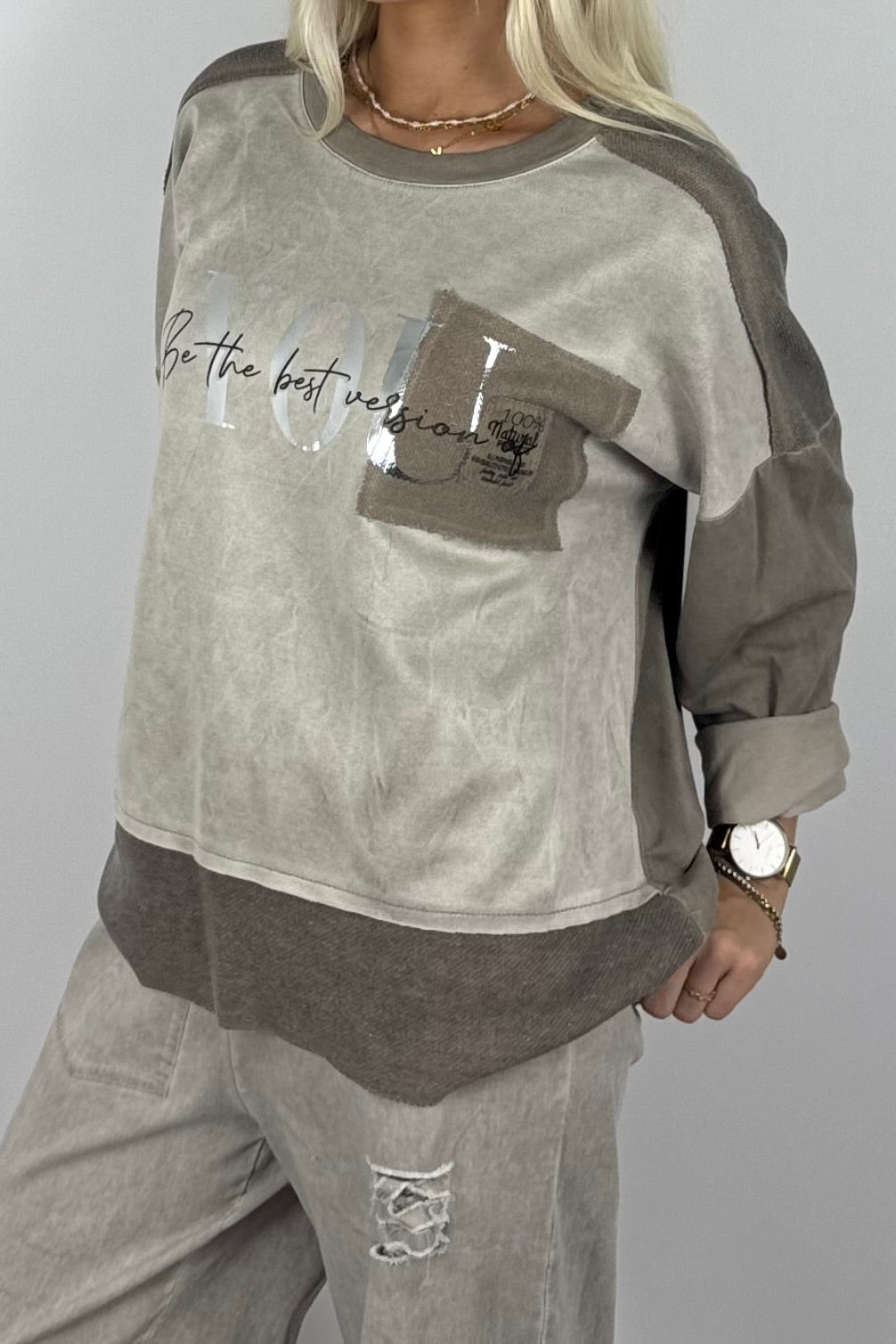 Oversize Damen Sweatshirt mit Glitzer-Details & Schriftzug – Mud