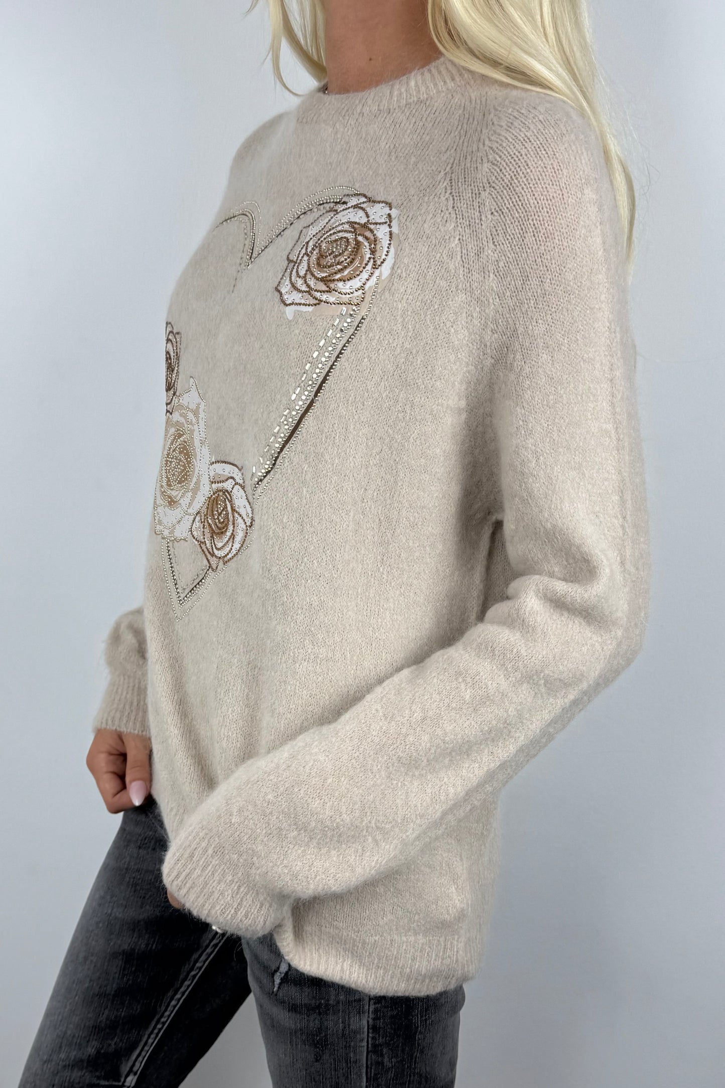Pullover mit Herz- und Rosen-Design-Beige