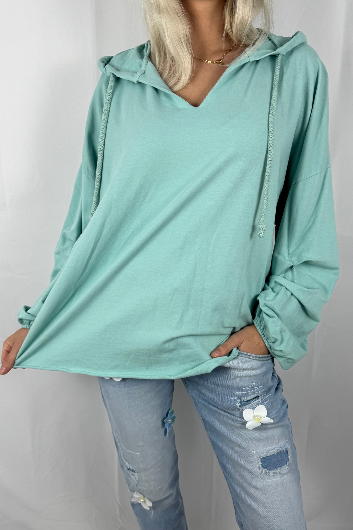 Damen Hoodie Shirt mit V-Ausschnitt –Mint