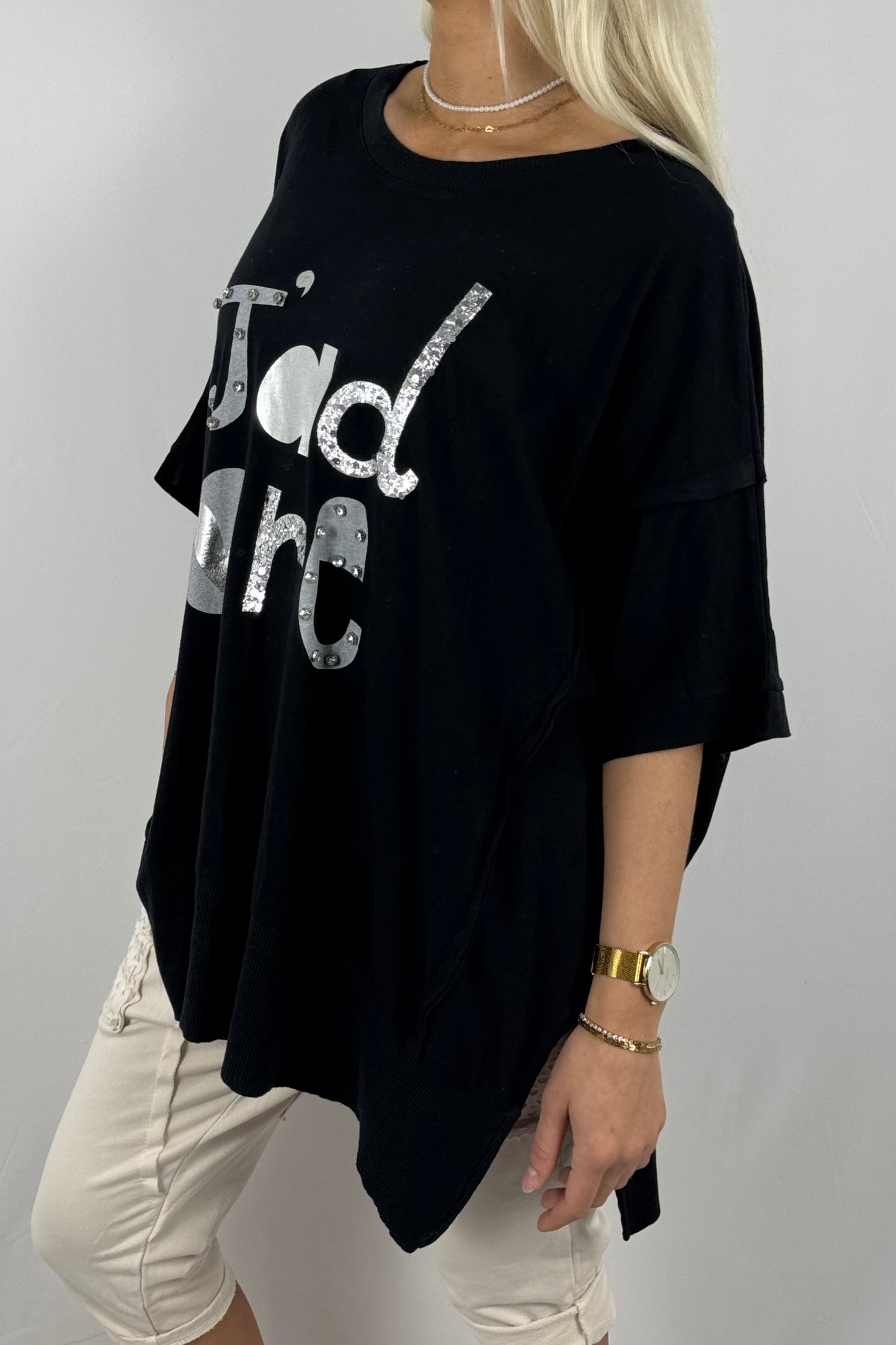 Oversize-Shirt „J’adore“ mit Glitzer-Print-Schwarz