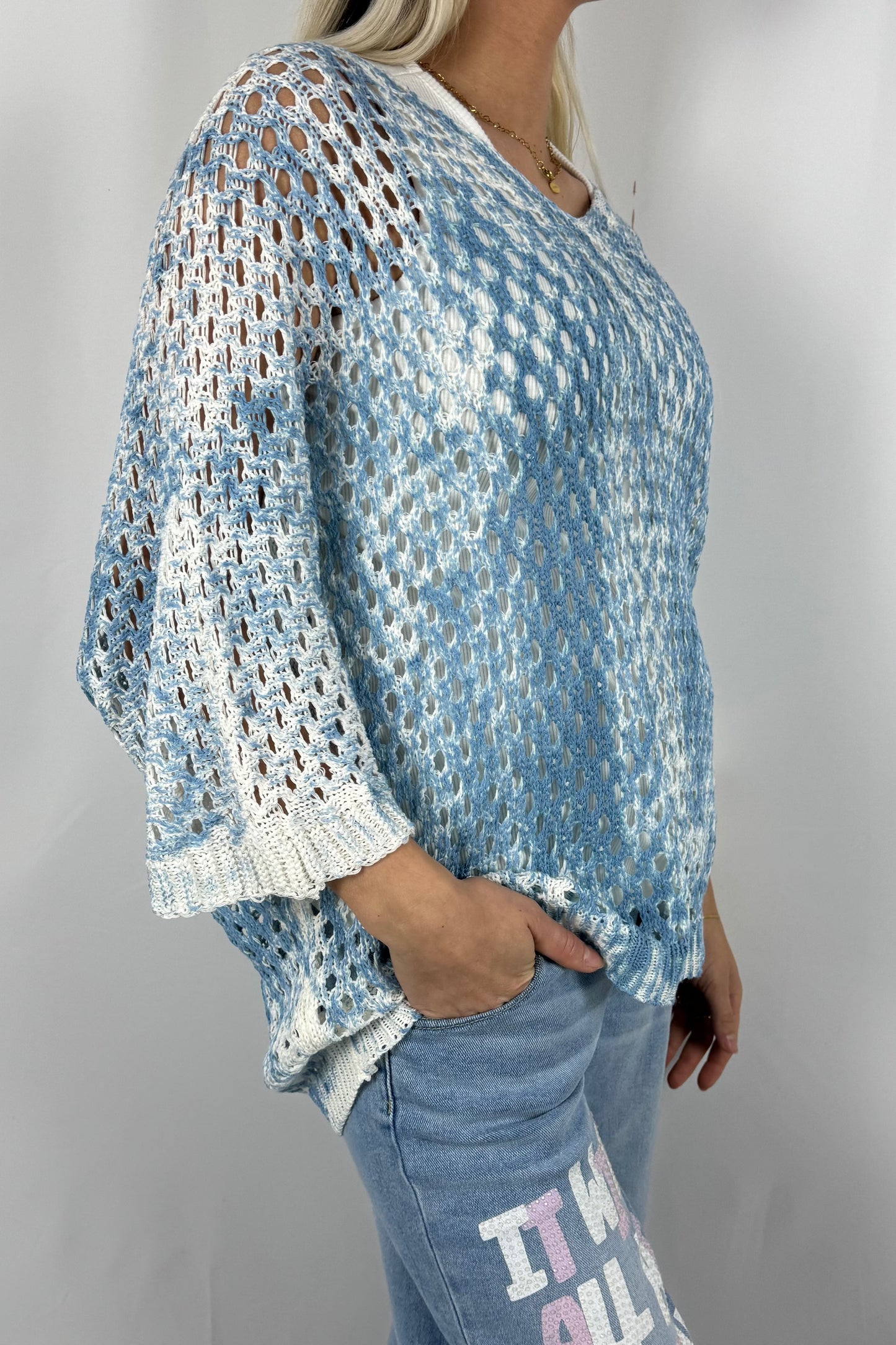 Damen Strick Shirt mit V Ausschnitt-Hellblau