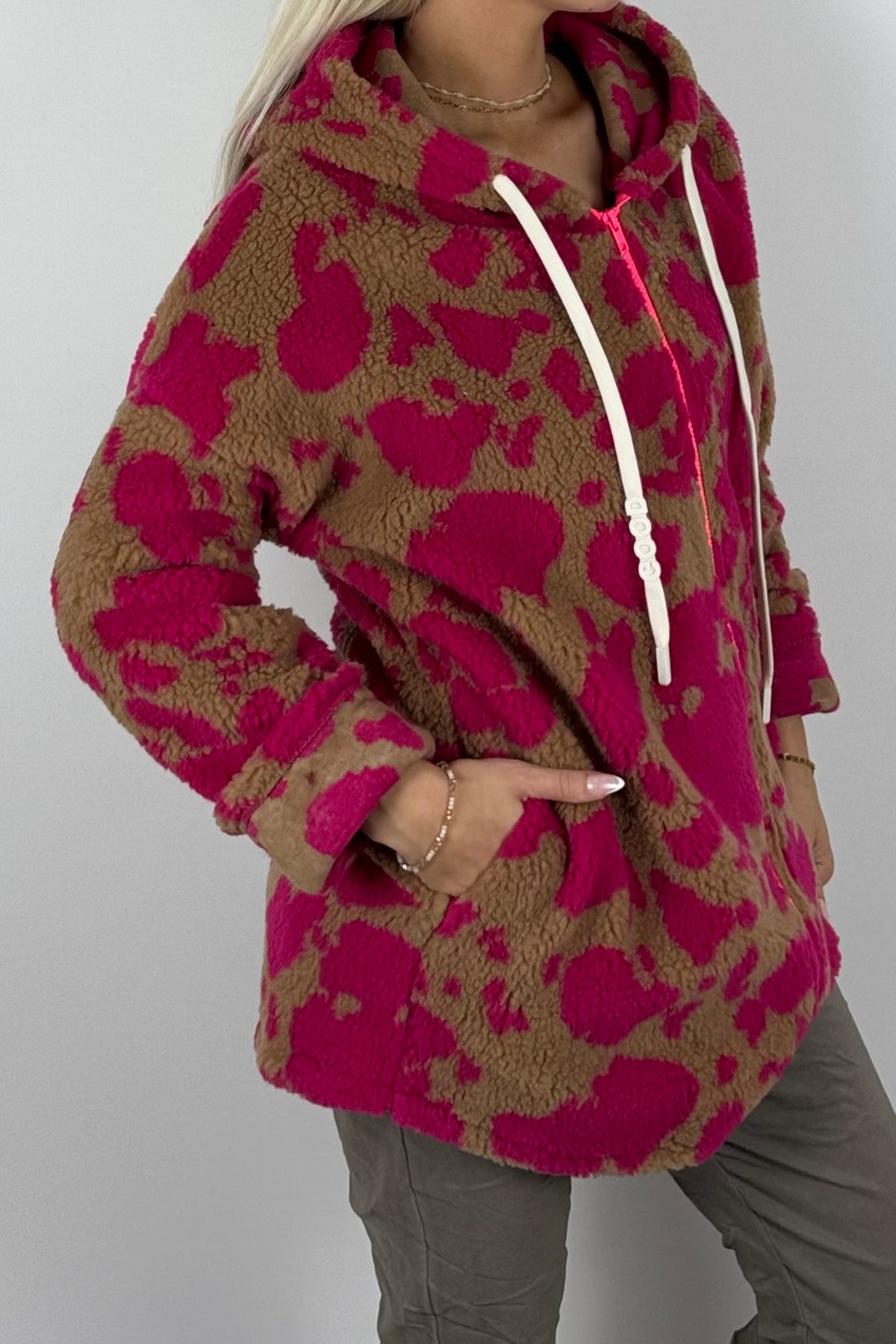 Damen Teddyjacke mit Kapuze-Pink