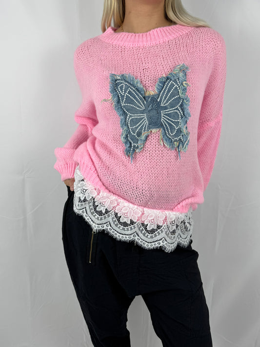 Strick Shirt mit Schmetterlings-Applikation & Spitzenabschluss-Rosa
