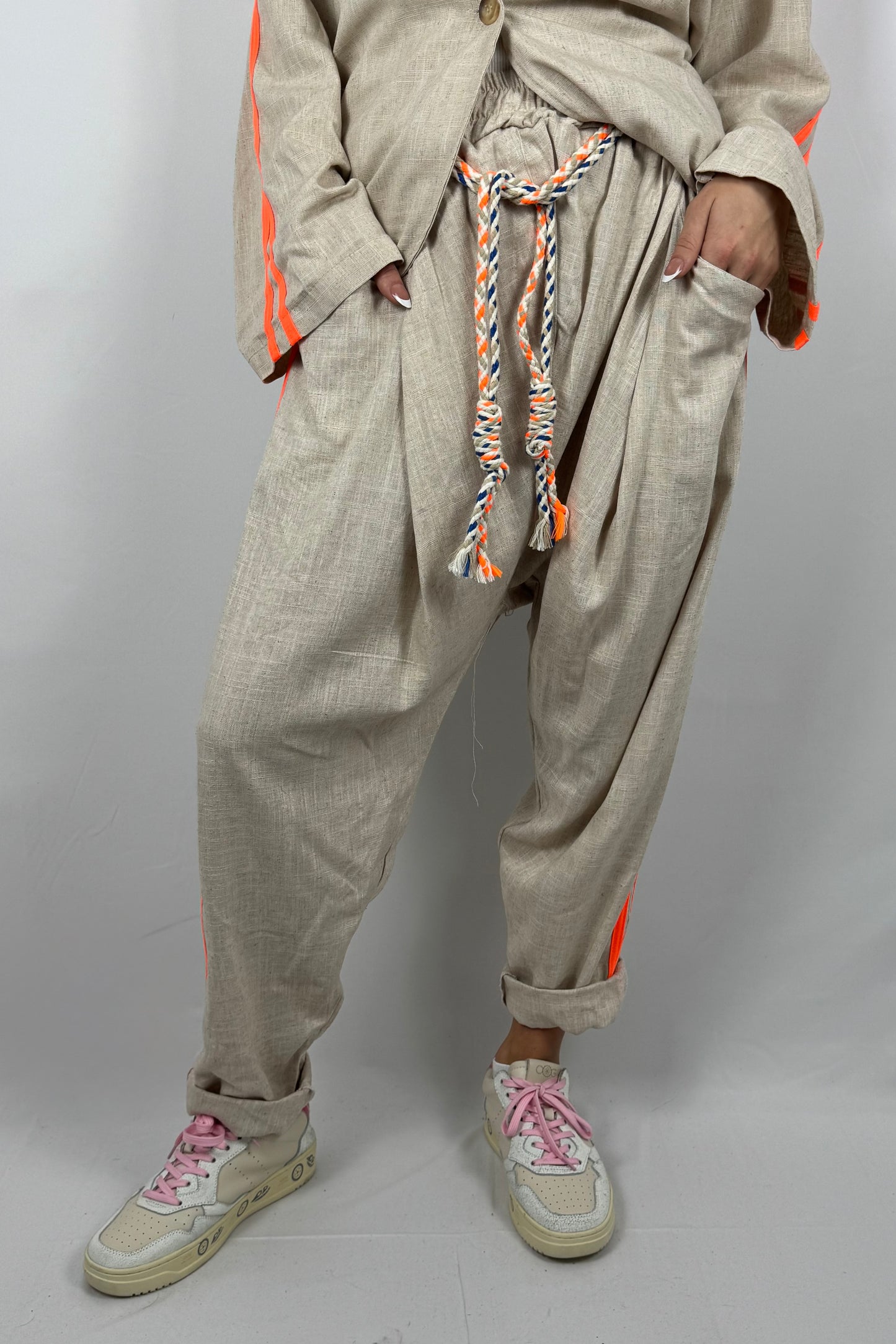 Leinen Hose mit Streifen & Kordel-Orange