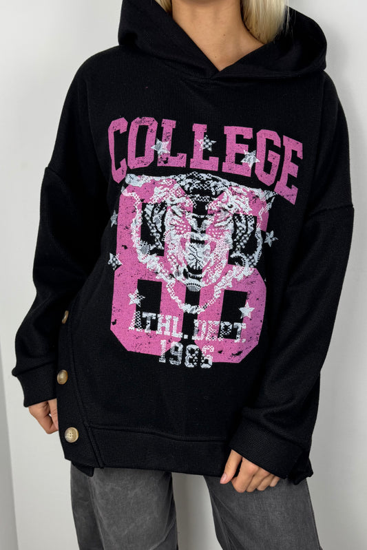 College Hoodie mit Tigerprint und Knopfdetails-Schwarz