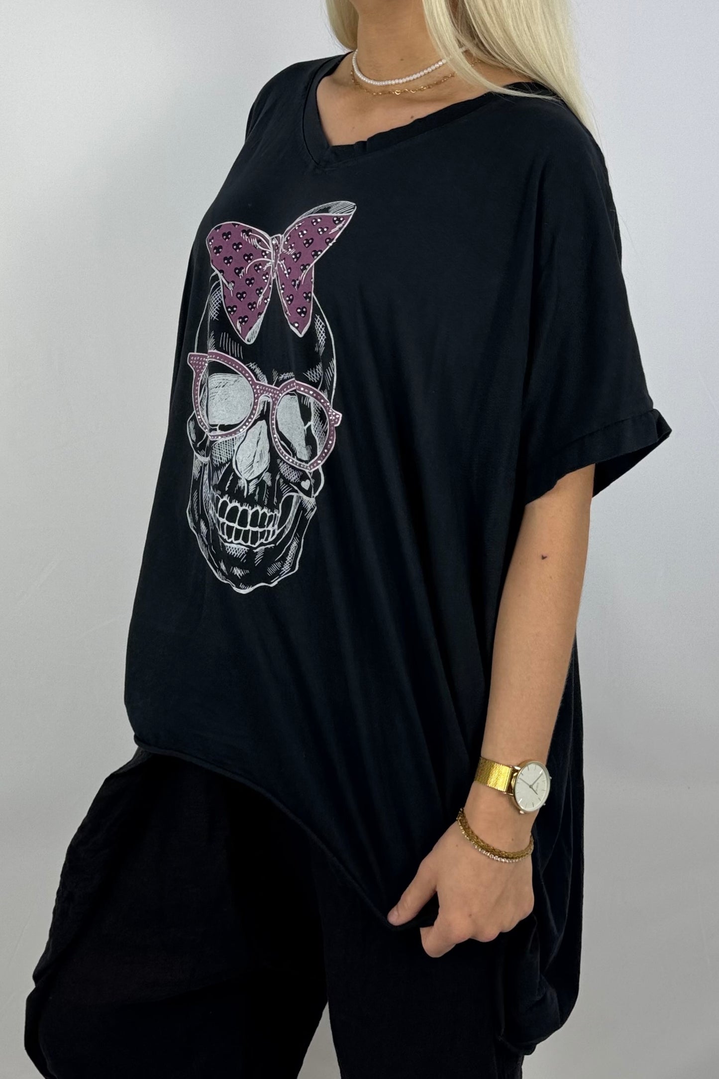 Oversize-Shirt mit Skull-Print & Neon-Details-Schwarz