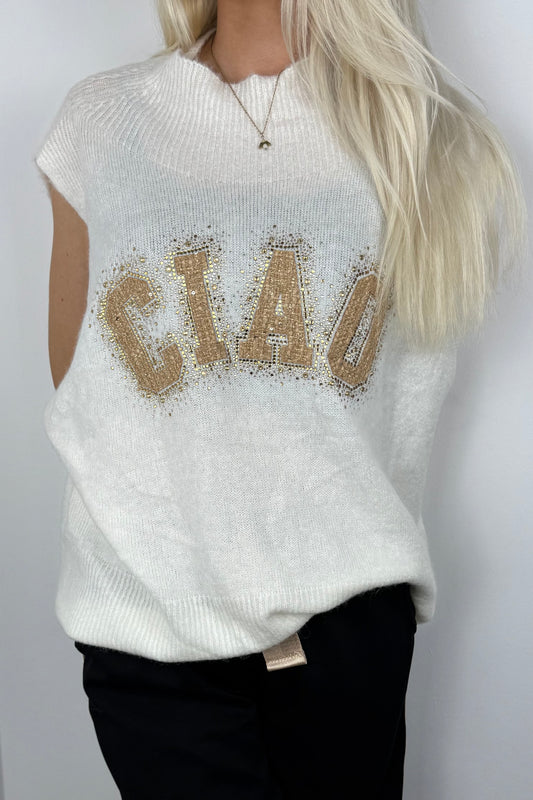 Pullover mit Strass-Schriftzug „CIAO“ –Weiß