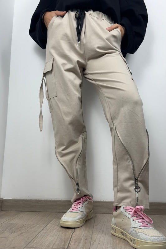 Damen Cargo Jogginghose mit Reißverschluss-Details und elastischem Bund –Beige