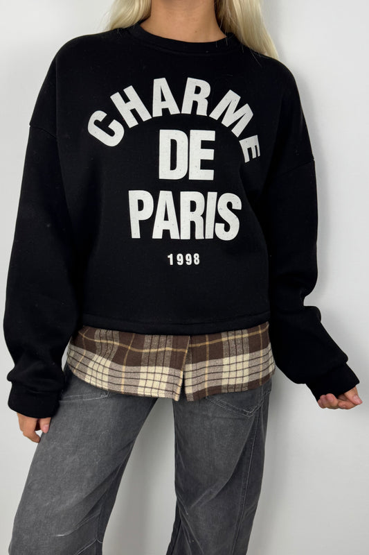 Sweatshirt mit „Charme de Paris“ Print und Karodetail-Schwarz
