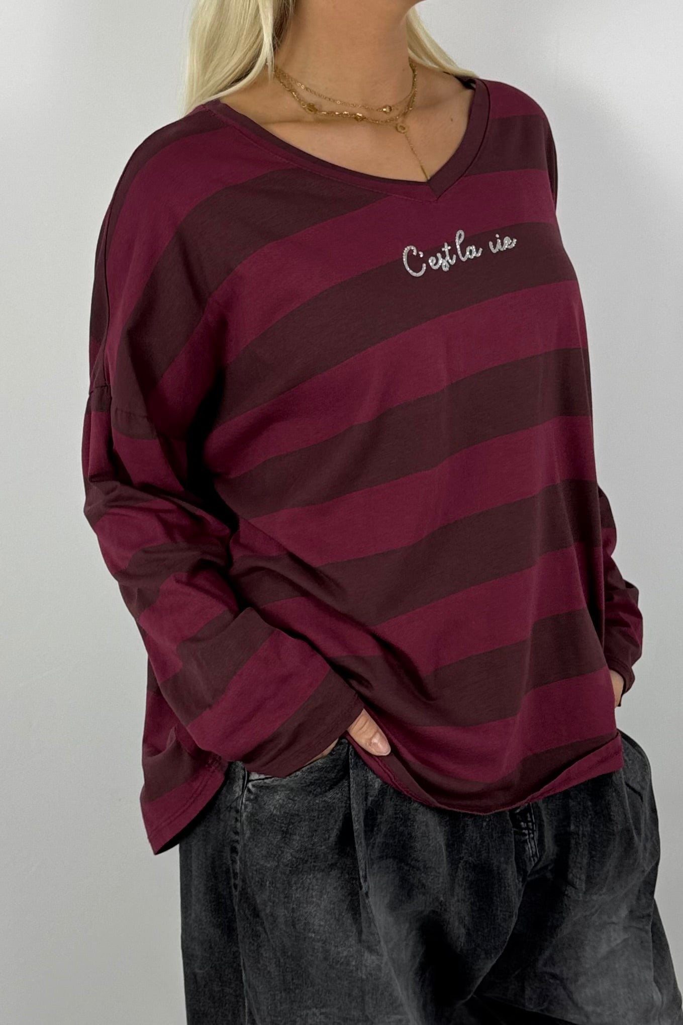 Damen Shirt gestreift – Oversize-Bordeaux