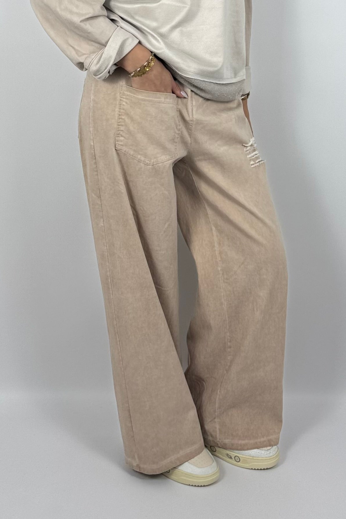 Damen Wide-Leg Hose mit Destroyed-Details – Safari