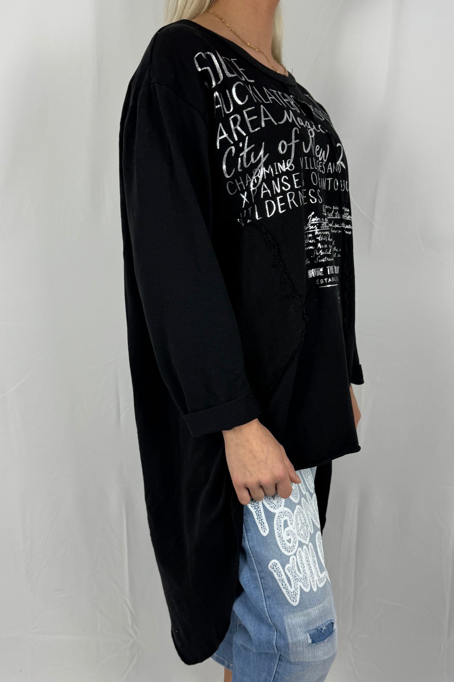 Damen Oversize Longshirt mit Schrift Print-Schwarz
