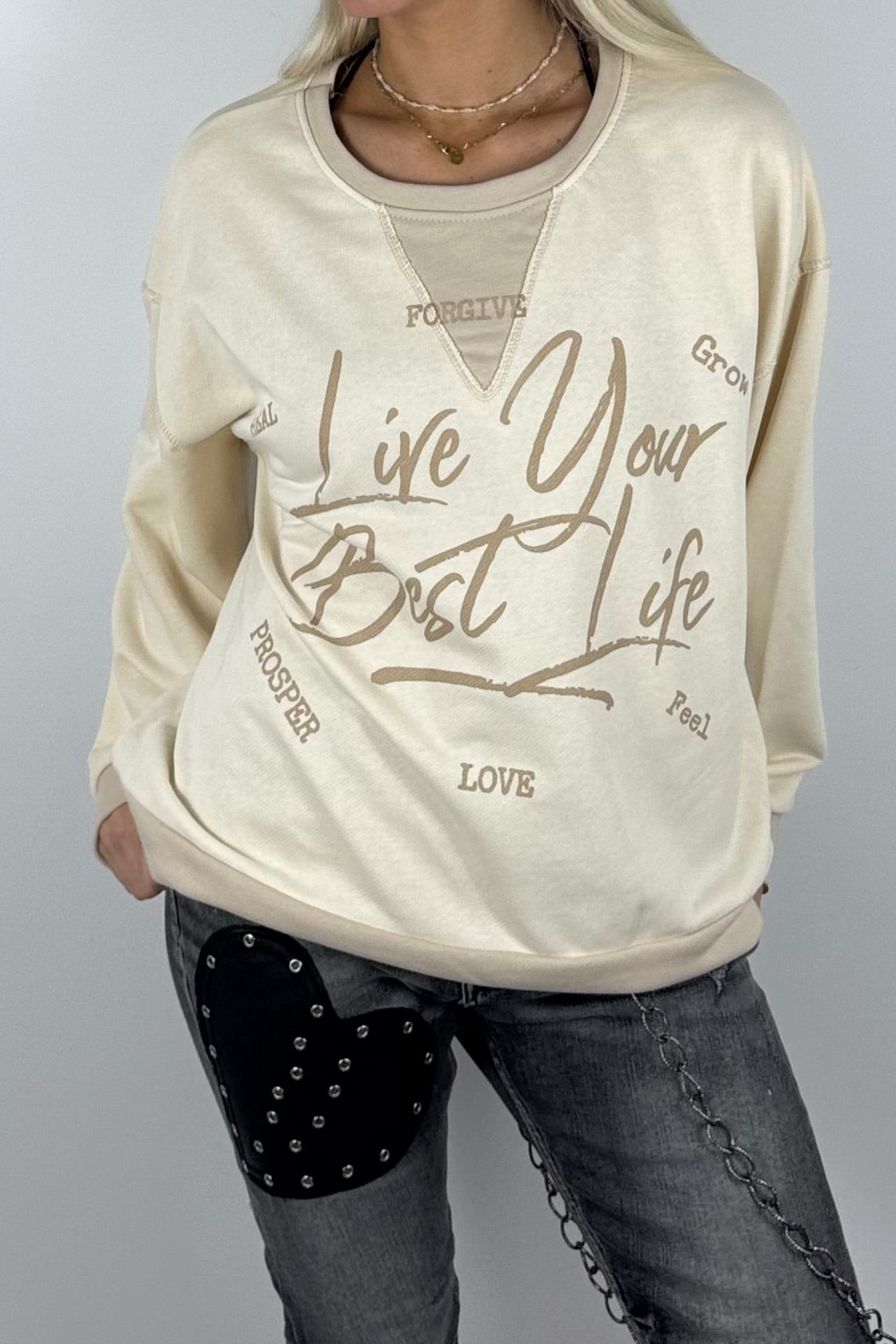 Damen-Sweatshirt mit „Live Your Best Life“-Print-Beige