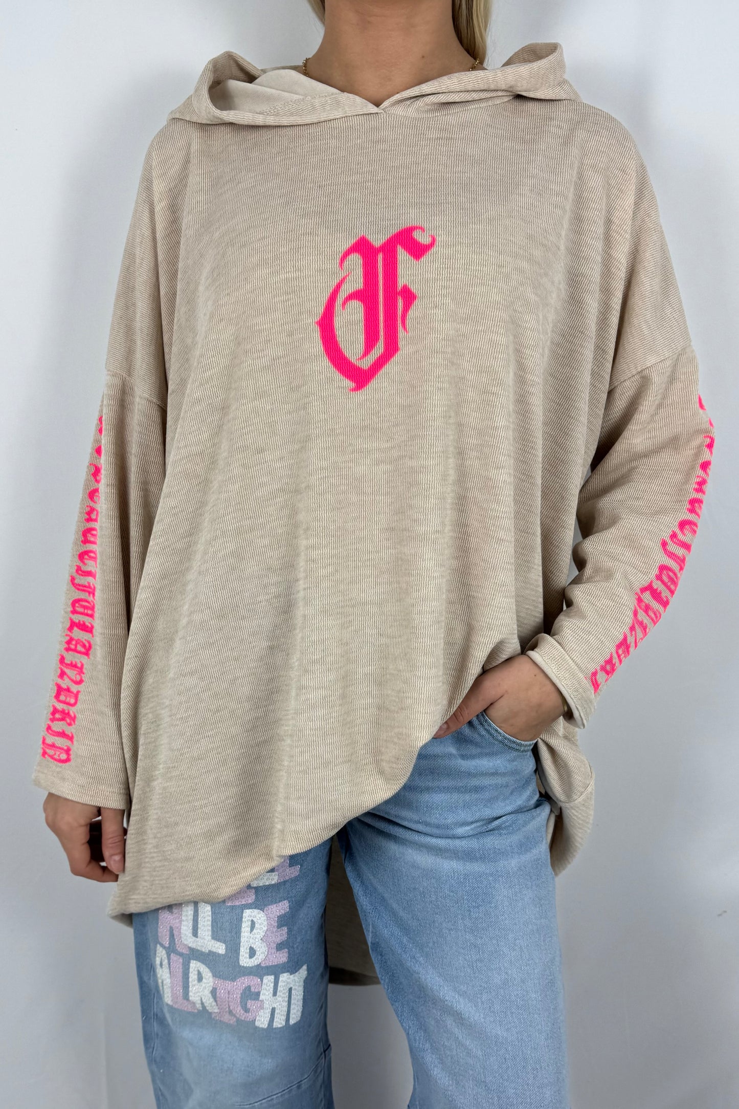 Damen Hoodie mit Frontprint und Schriftzug an den Ärmeln-Beige
