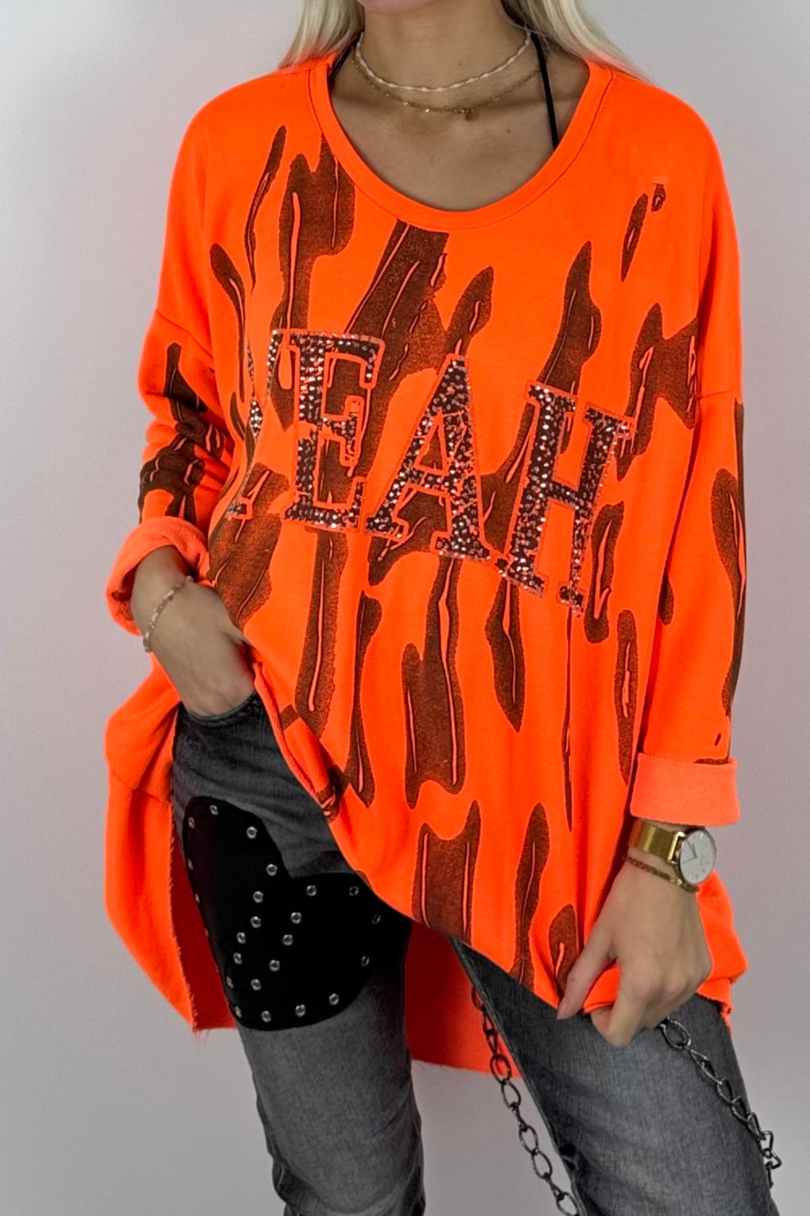Damen-Sweatshirt mit „YEAH“-Schriftzug und Glitzersteinen-Neon Orange