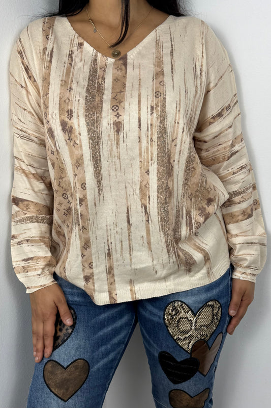 Feinstrick-Shirt mit Print und V-Ausschnitt