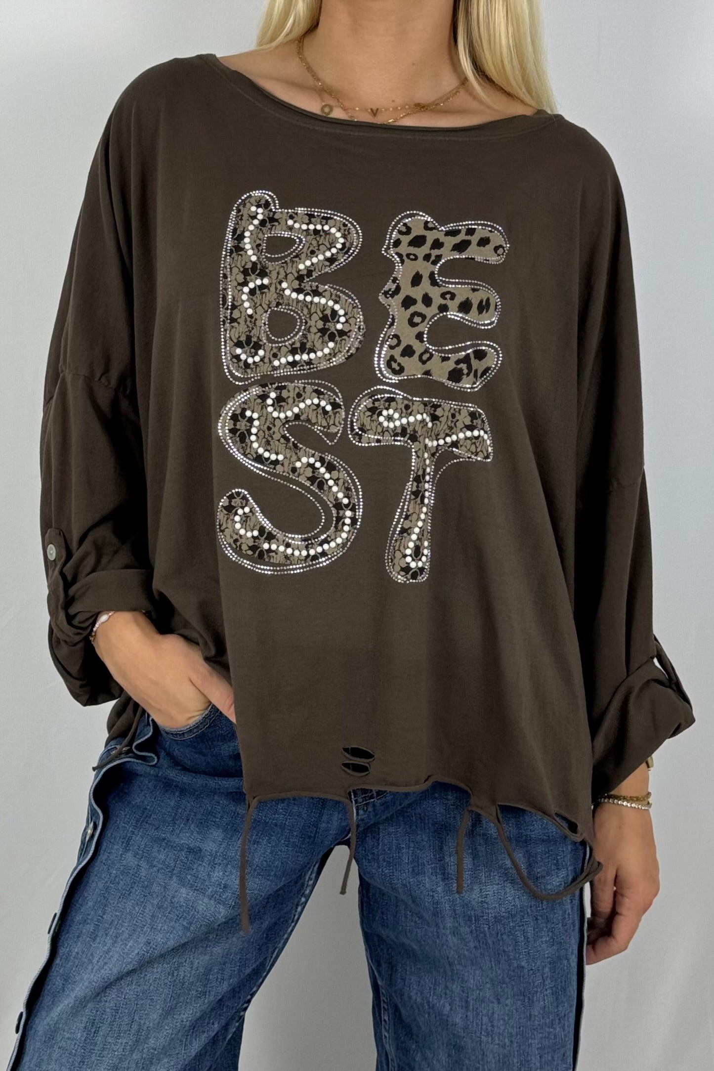 Oversize-Shirt „BEST“ mit Leo-Print und Strass-Details-Schoko