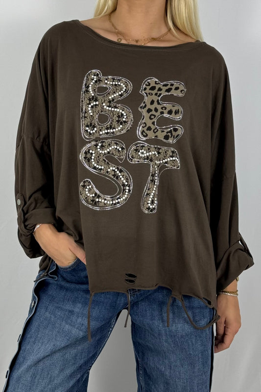 Oversize-Shirt „BEST“ mit Leo-Print und Strass-Details-Schoko