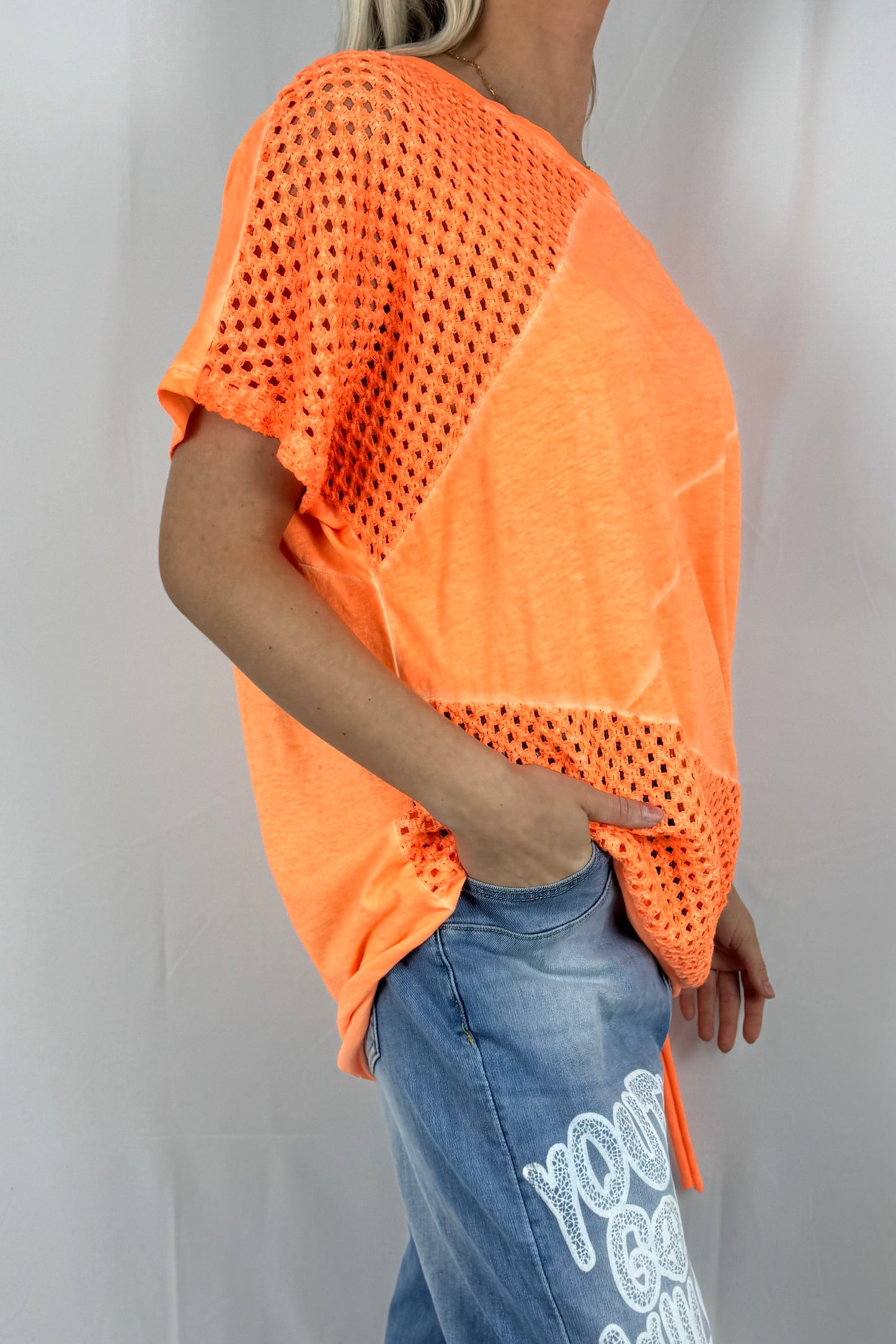 Damen Oversize Shirt mit Netz Einsatz und Bindeband-Neon Orange