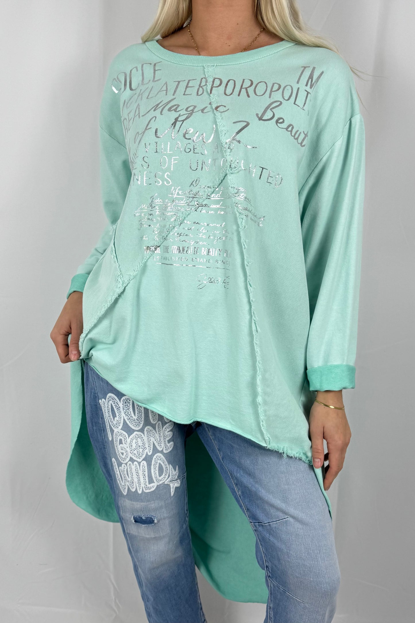 Damen Oversize Longshirt mit Schrift Print-Mint