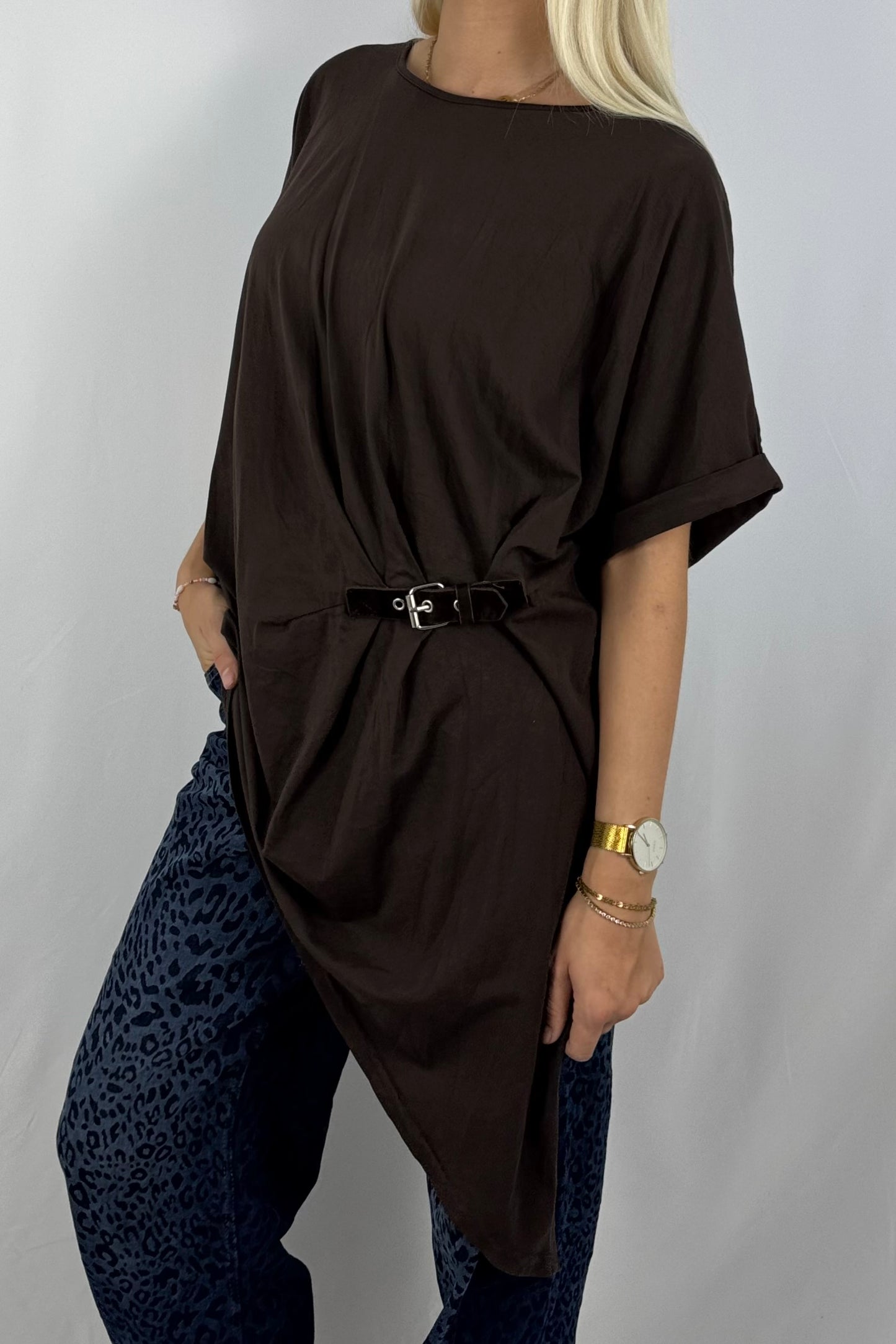 Damen Longshirt mit Schnalle – Oversize-Schoko
