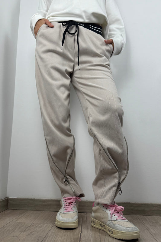 Stylische Damenhose mit Gummibund und Zipper-Details-Beige