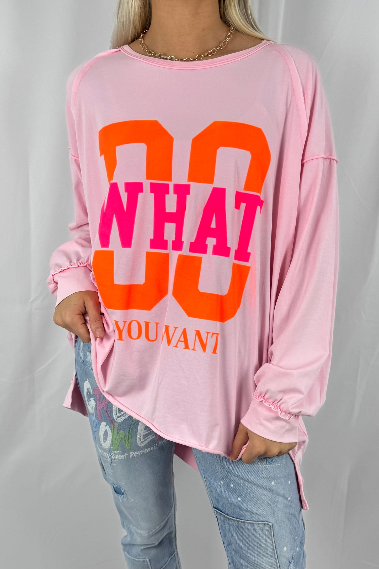 Shirt mit „DO WHAT YOU WANT“ Statement-Print- Rosa