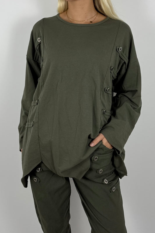 Damen Oversize Shirt mit Knopfdetails – Khaki