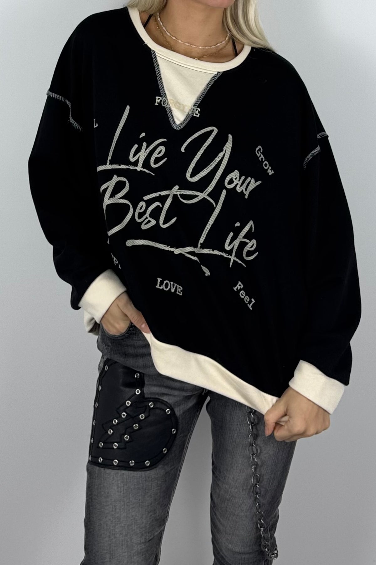 Damen-Sweatshirt mit „Live Your Best Life“-Print-Schwarz