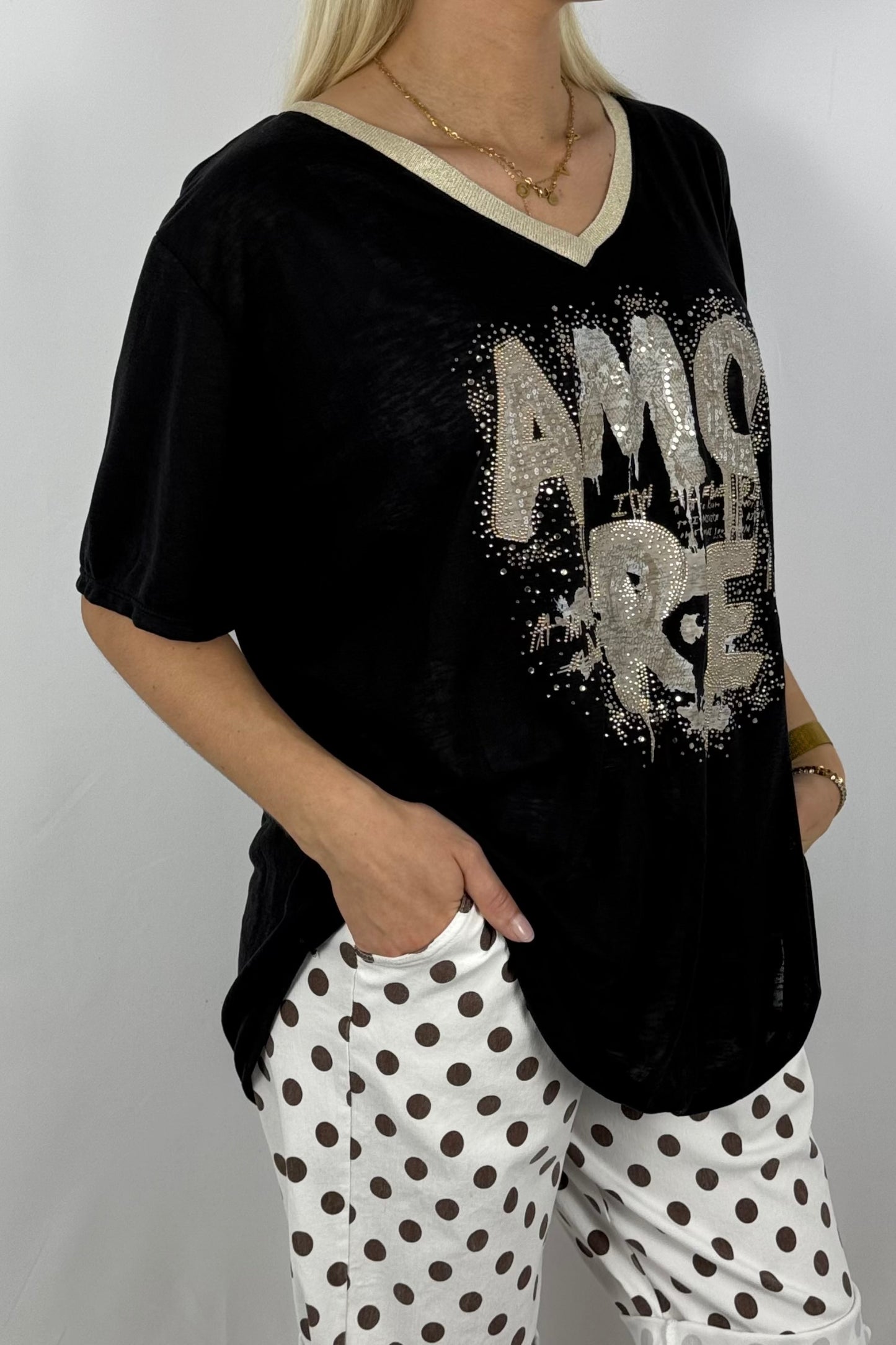 Shirt „AMORE“ mit Glitzer-Print-Schwarz