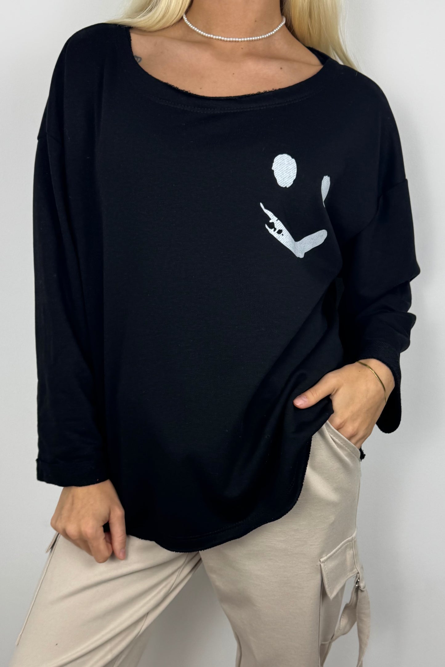 Damen Shirt mit Smiley-Print –Schwarz