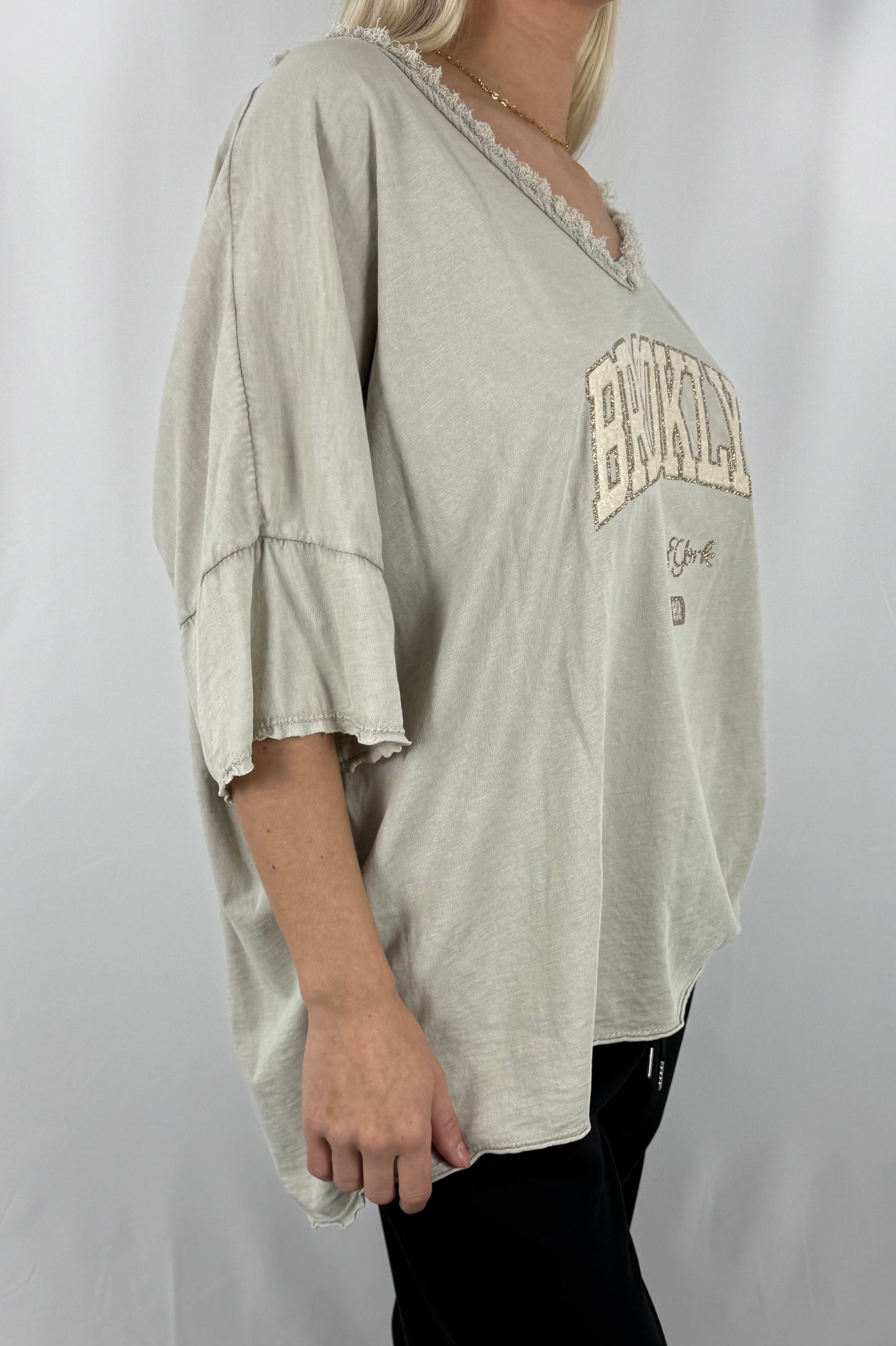 Oversize Damen Shirt mit Brooklyn New York Print-Beige