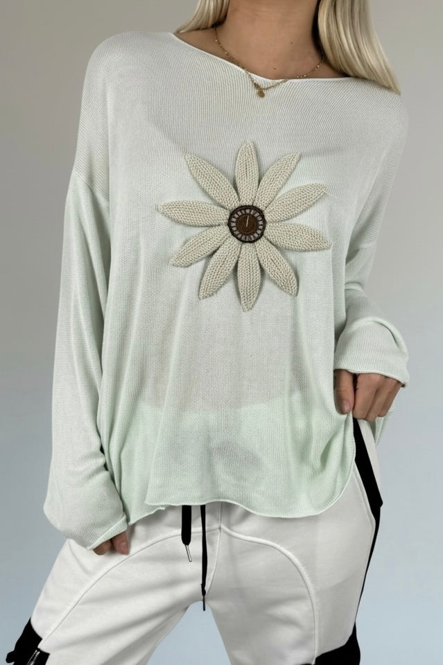 Shirt mit V-Ausschnitt & floraler Applikation-Mint