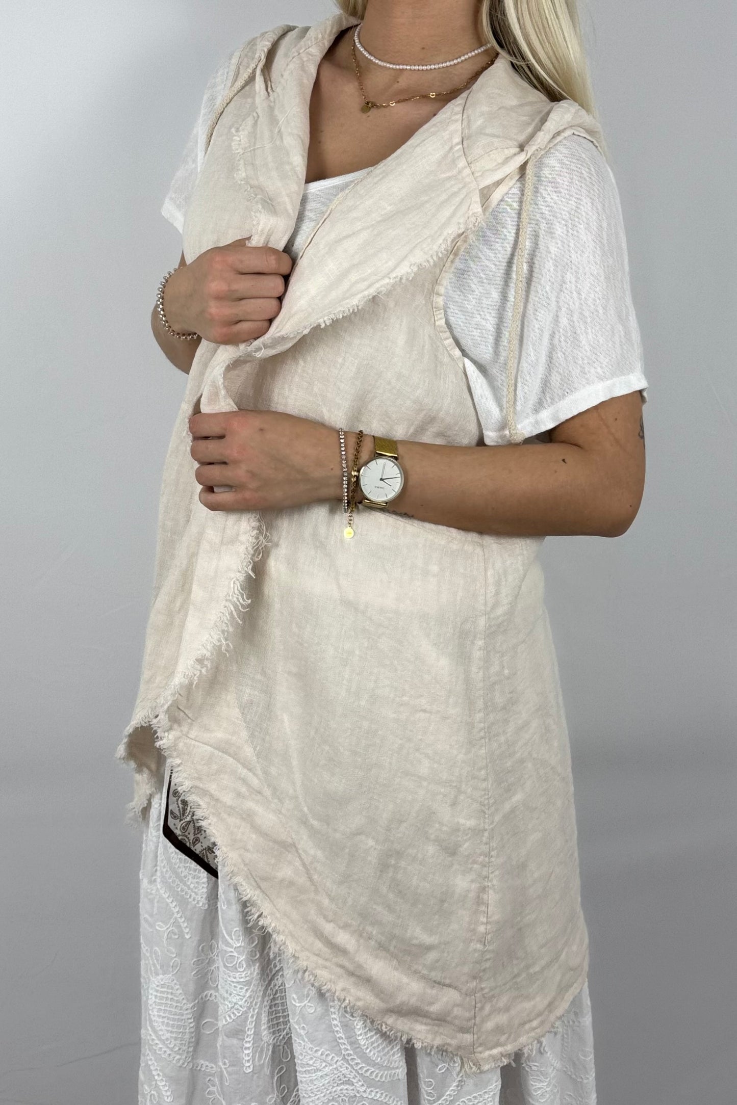 Leinen Weste mit Kapuze – luftiger Sommer Mantel-Beige