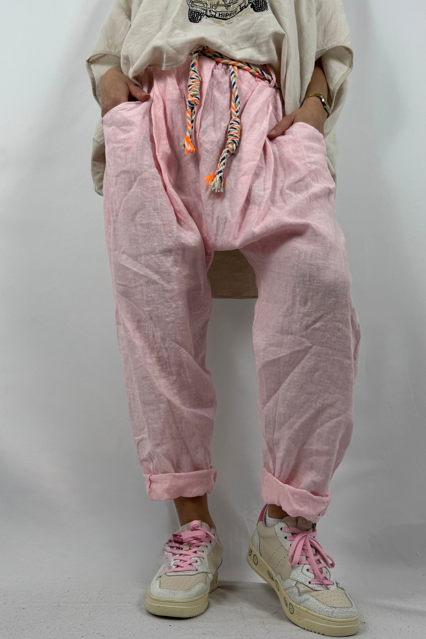 Damen Leinenhose mit Flechtgürtel-Rosa