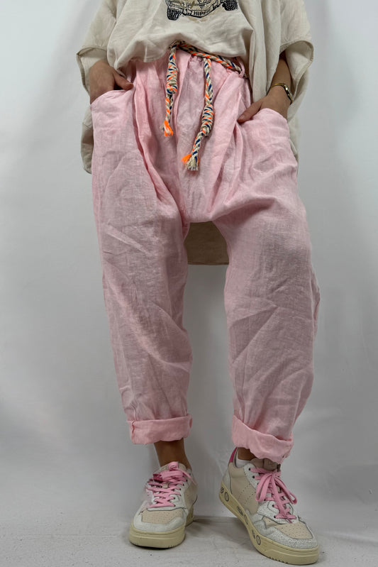 Damen Leinenhose mit Flechtgürtel-Rosa