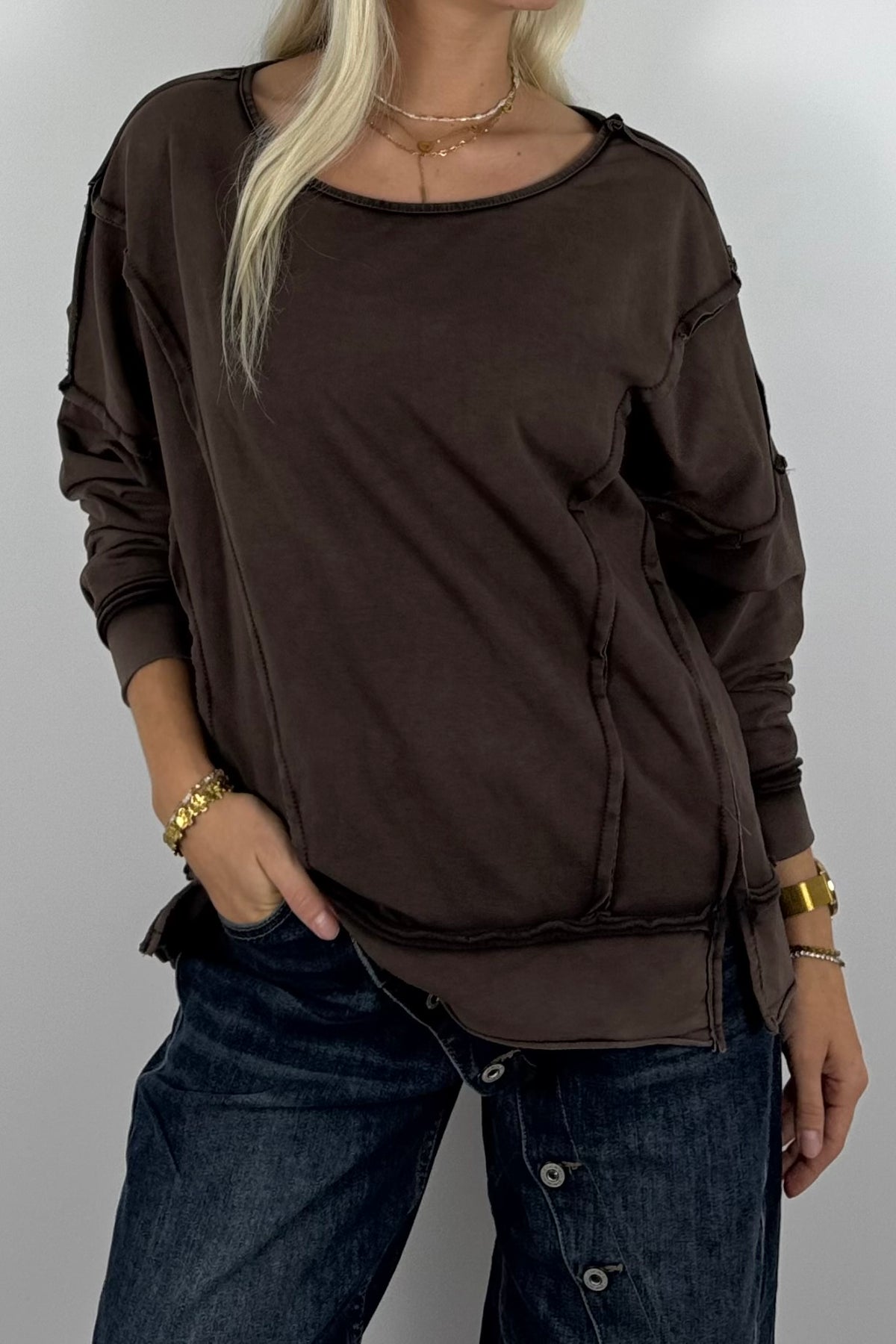 Oversize Shirt mit dekorativen Nahtdetails –Schoko