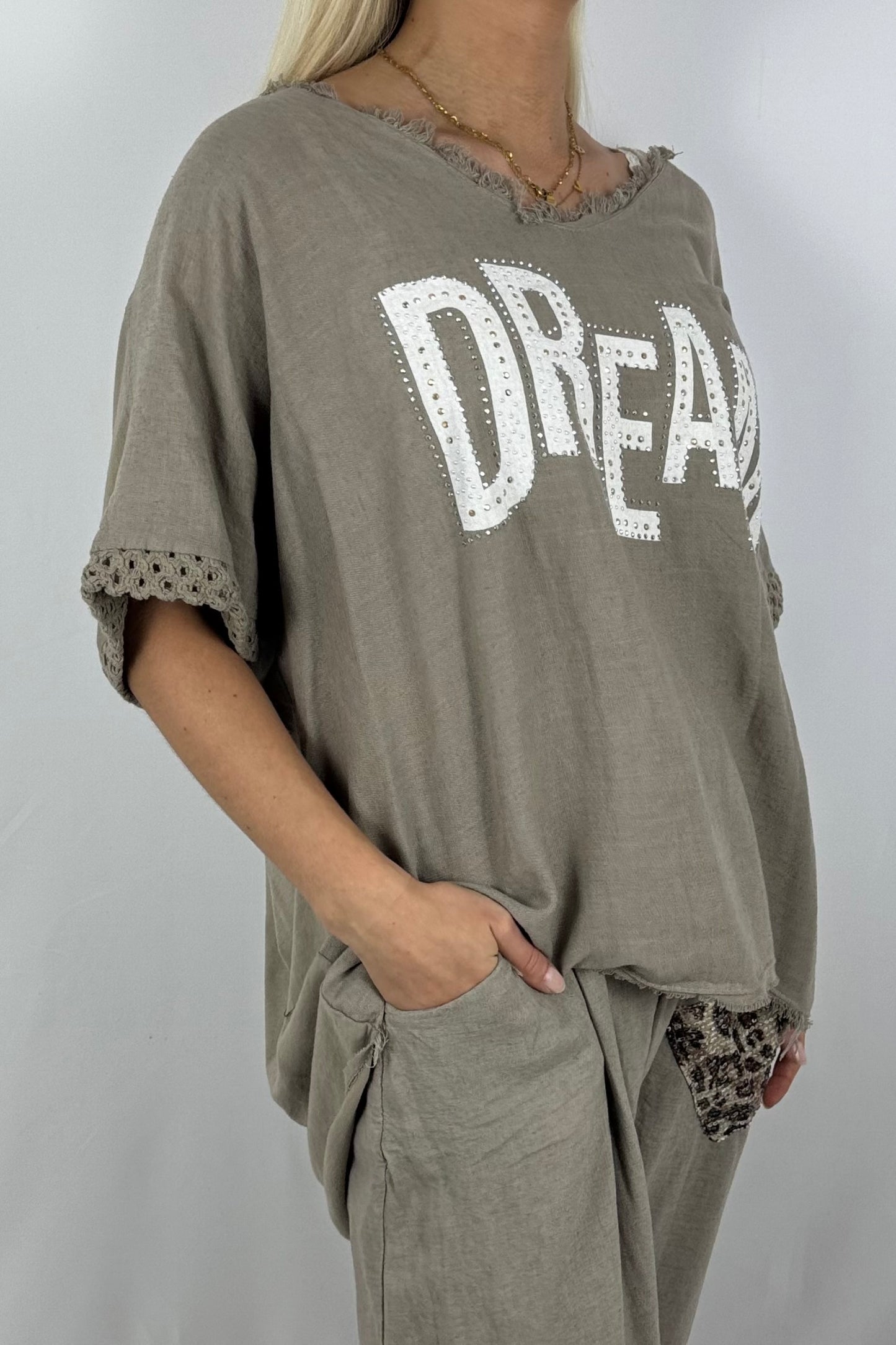 Leinen-Shirt „DREAM“ mit Strassdetails-Mud