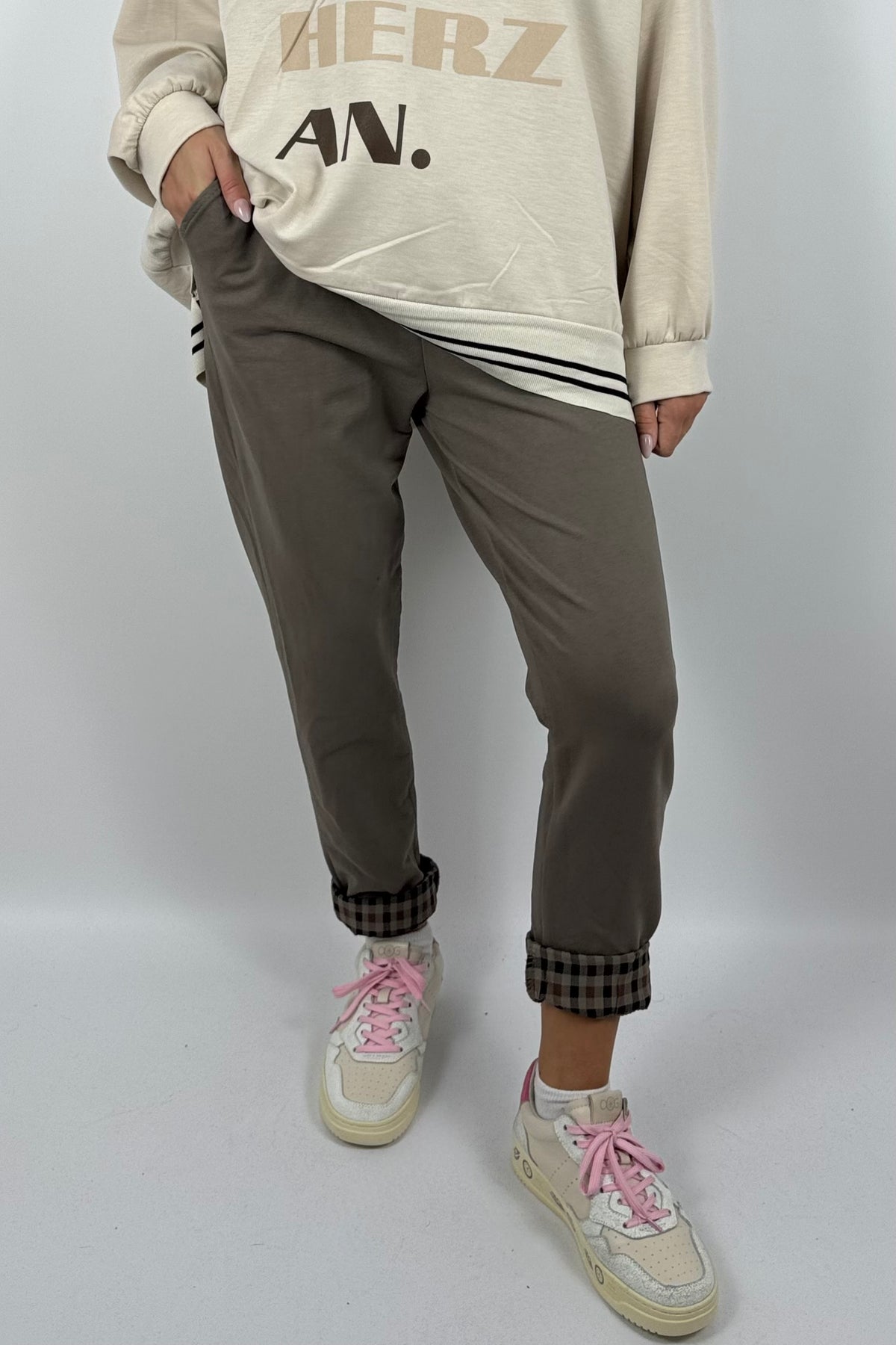 Damenhose mit Karomuster-Details & Bindegürtel-Mud