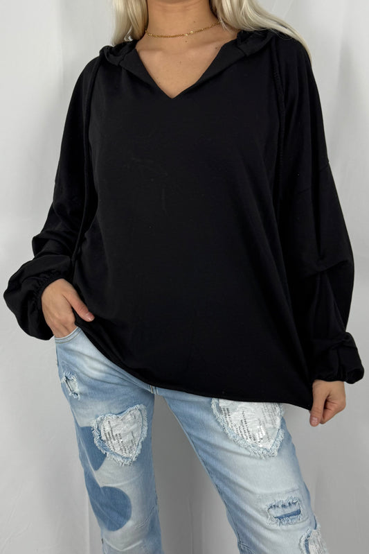 Damen Hoodie Shirt mit V-Ausschnitt –Schwarz