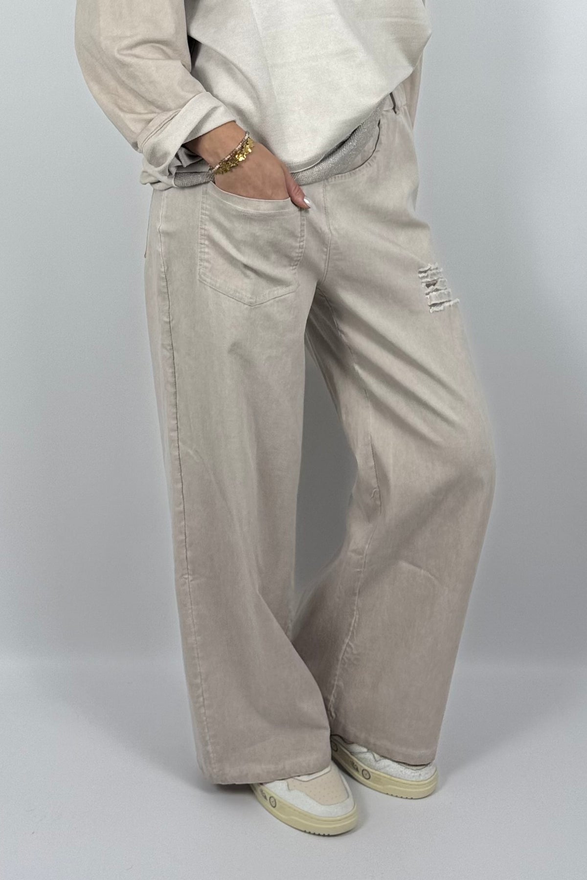 Damen Wide-Leg Hose mit Destroyed-Details – Beige