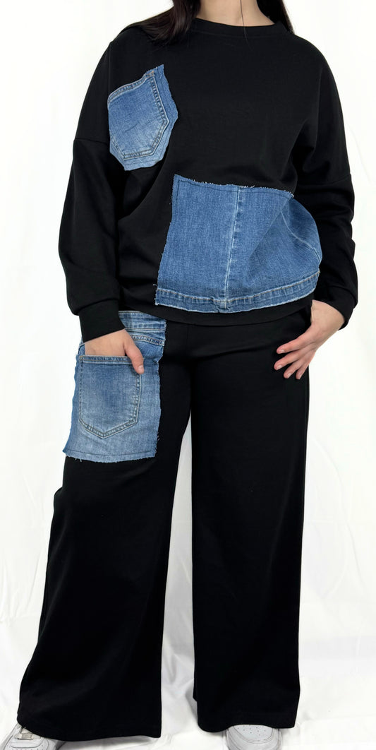 Zweiteiliger Damen-Anzug: Sweater & Hose mit Jeans-Details